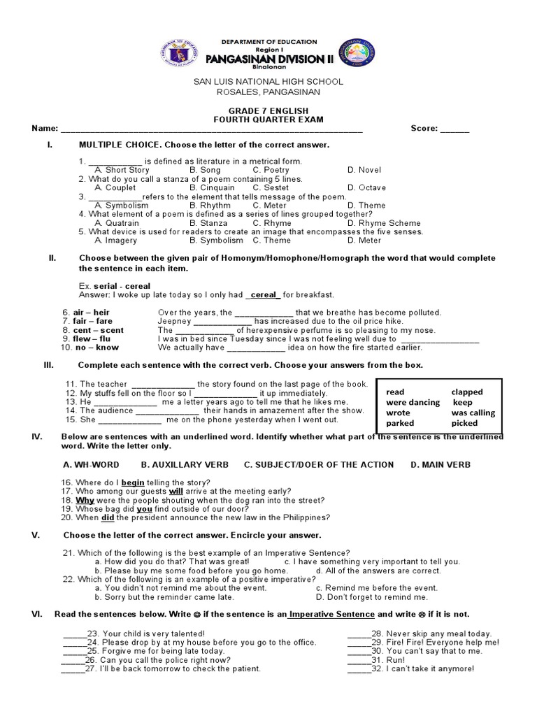 4th Quarter Exam English 7 PDF Poetry Metre (Poetry)