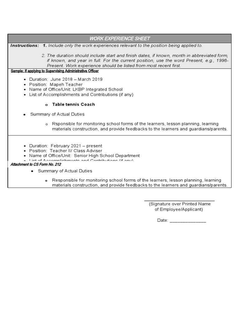 Cs Form No. 212 Attachment Work Experience Sheet | PDF
