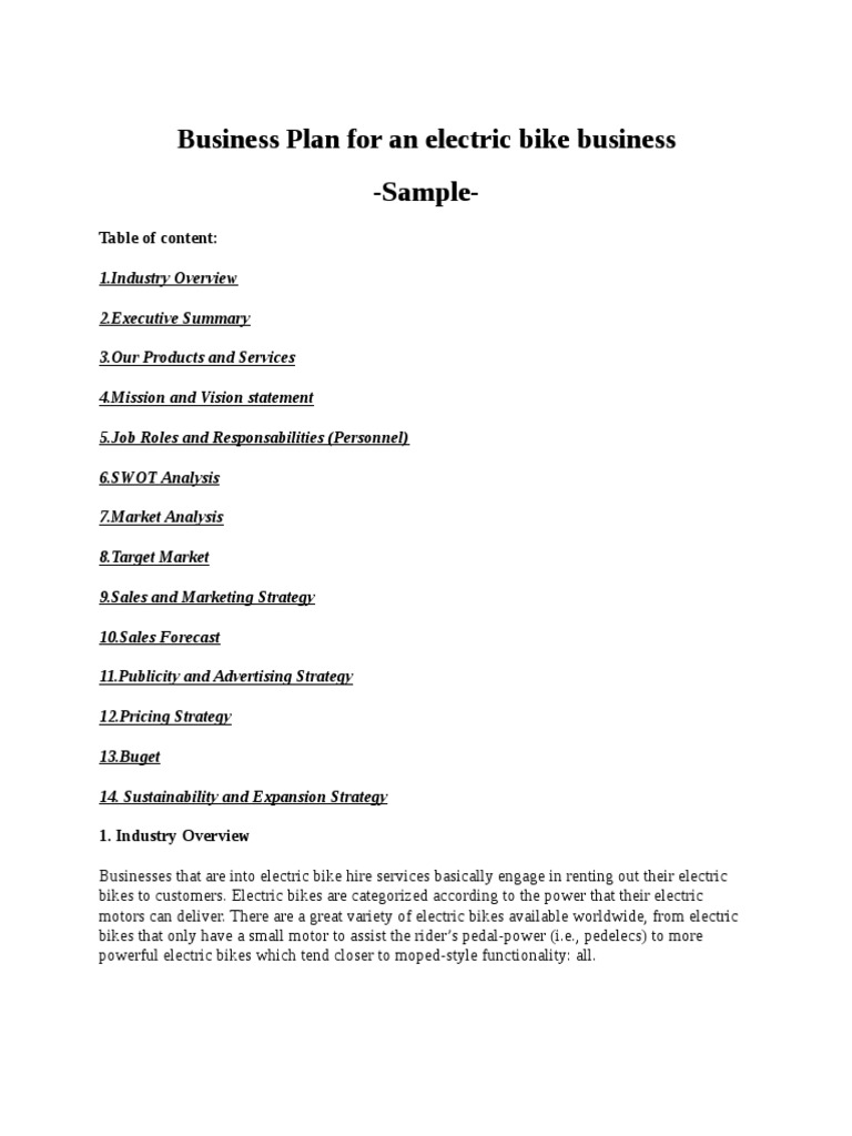 electric bicycle business plan Business Plan Sample Electric Bike Business | PDF | Retail