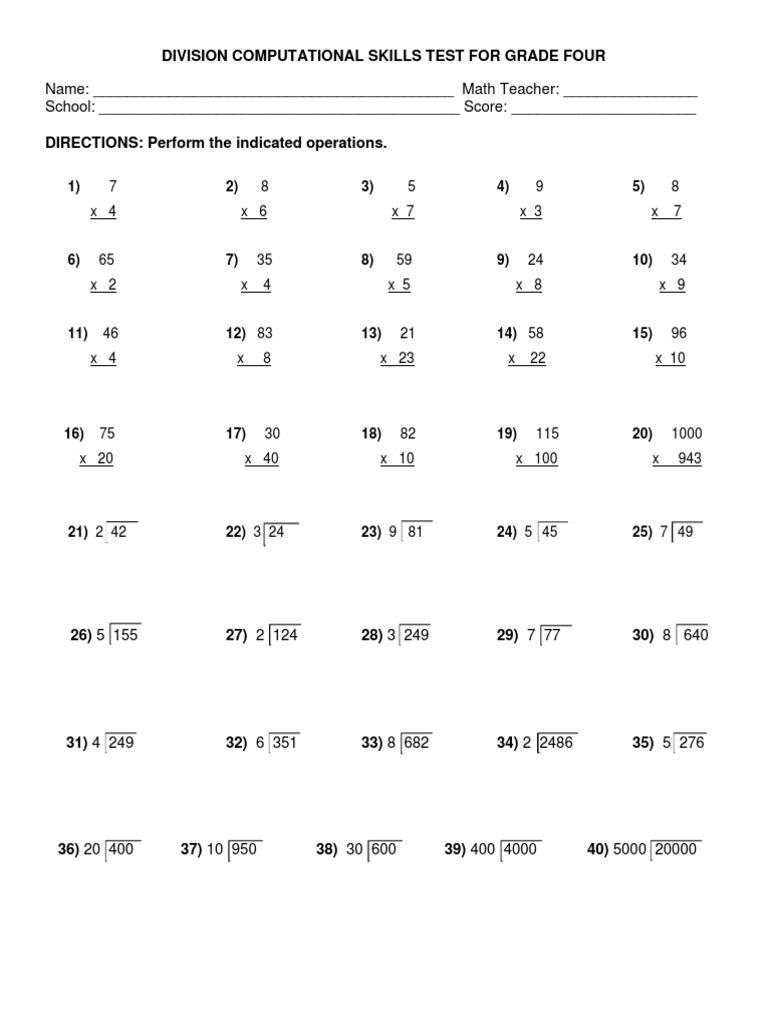 Grade 4 Division Skills Test | PDF