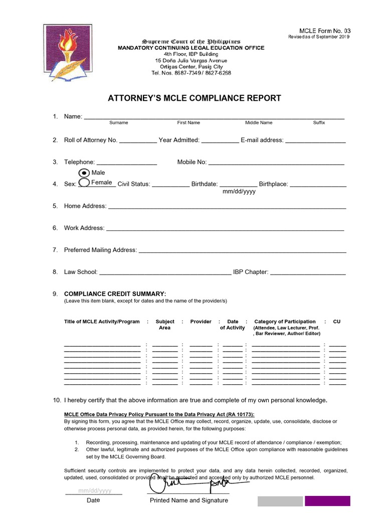 (MCLE Form 3) Attorney's MCLE Compliance Report (Electronic PDF Form