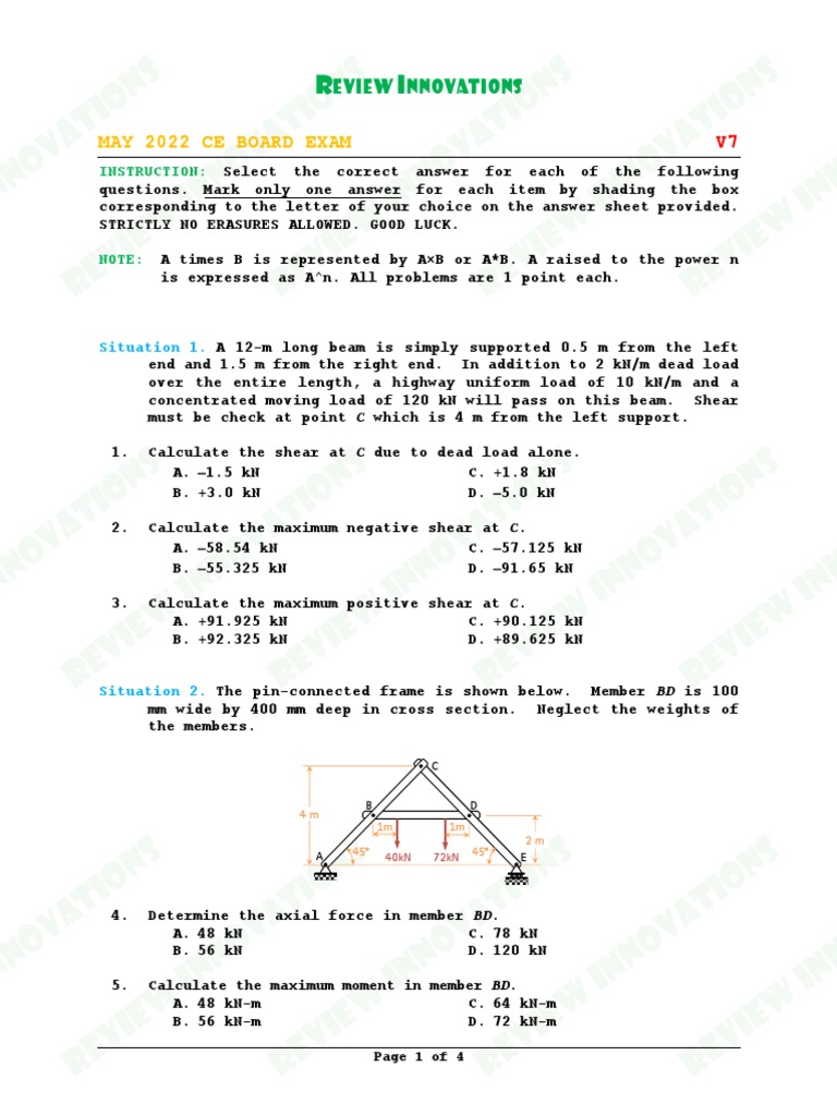 CE Board Exam Review Questions | PDF | Beam (Structure) | Tension (Physics)