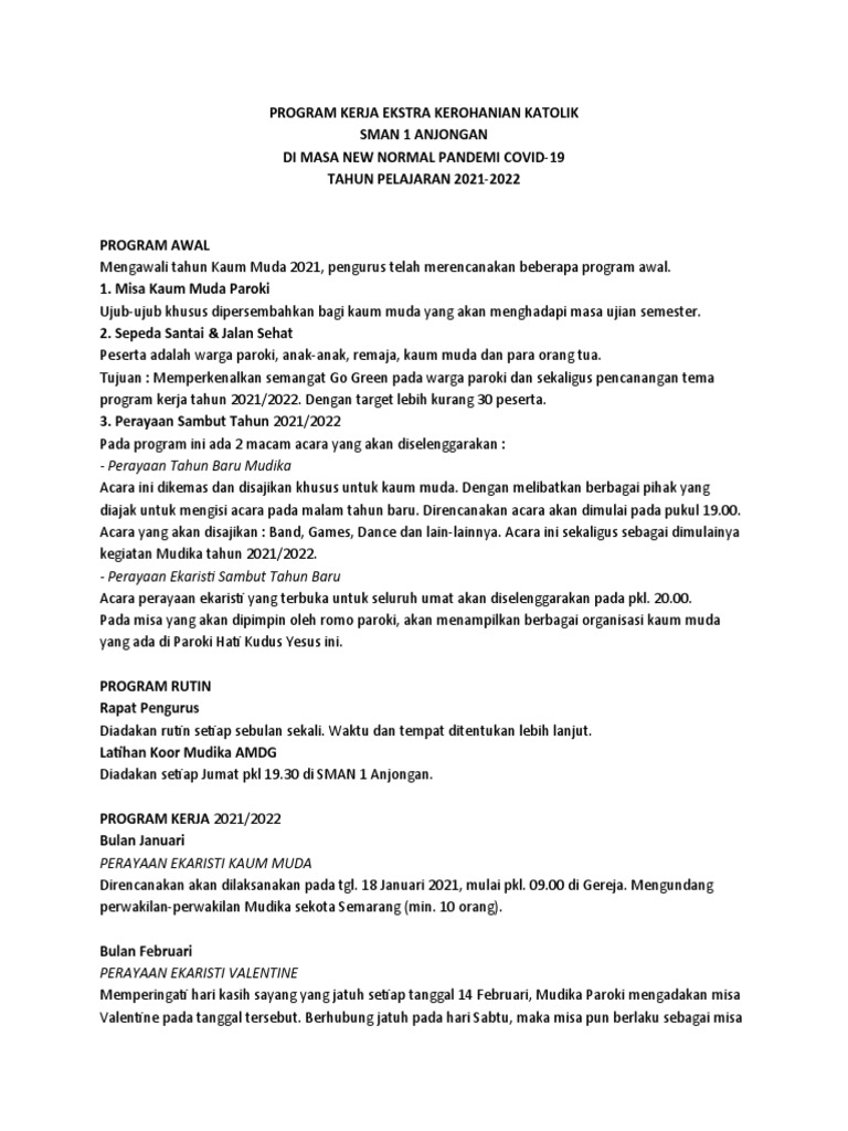 Program Kerja Kerohanian Katolik 2021 | PDF