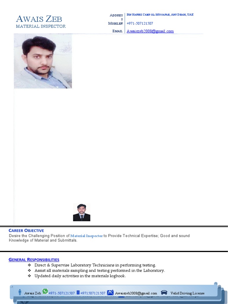 A Resume for an Experienced Material Inspector Seeking New