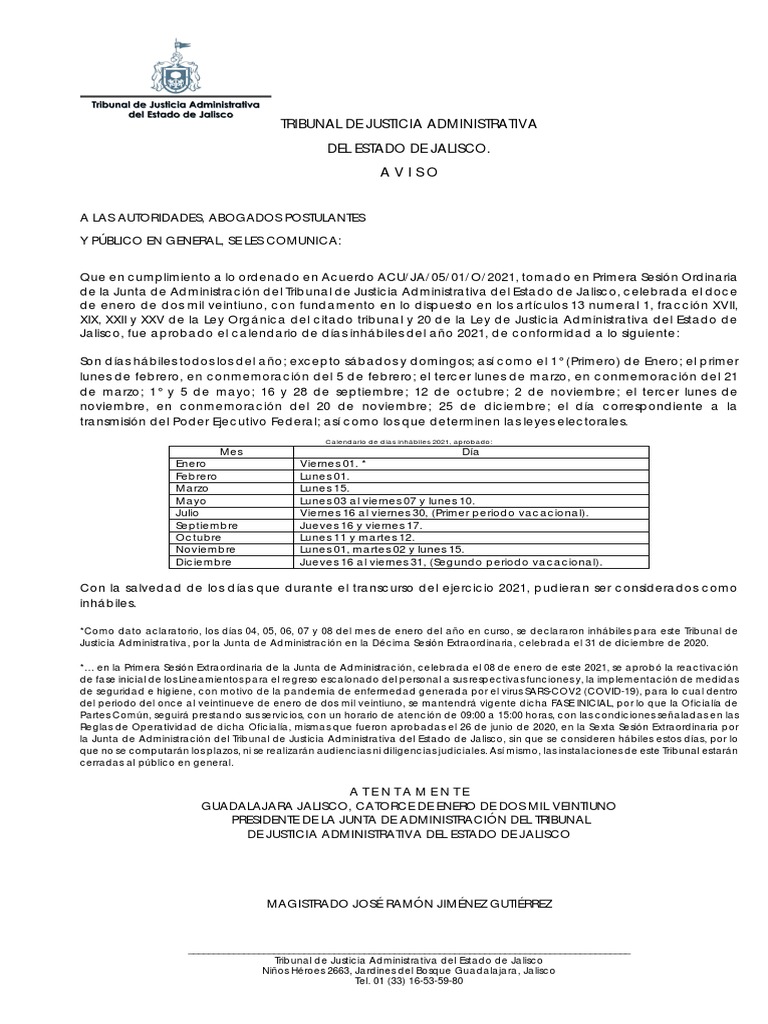 Periodico oficial aviso calendario dias inhabiles 2021 pdf