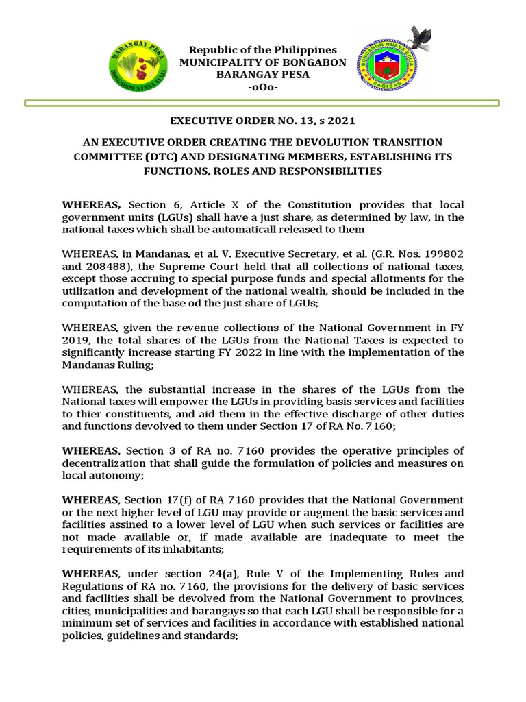 Eo no 13 dtp for barangays pdf devolution local government
