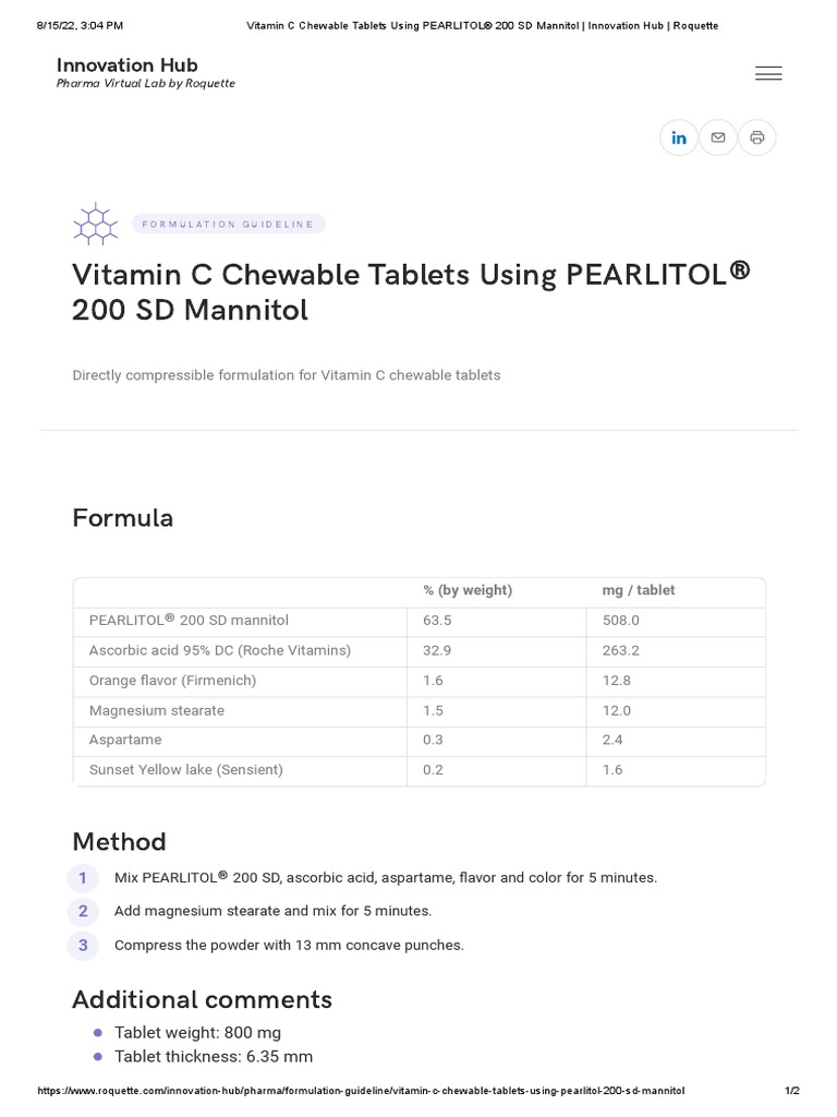 Vitamin C Chewable Tablets Using PEARLITOL® 200 SD Mannitol