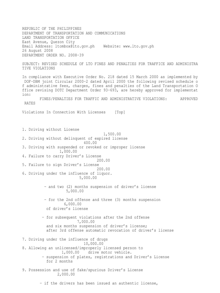 REVISED SCHEDULE OF LTO FINES AND PENALTIES FOR TRAFFICE AND ADMINISTRA