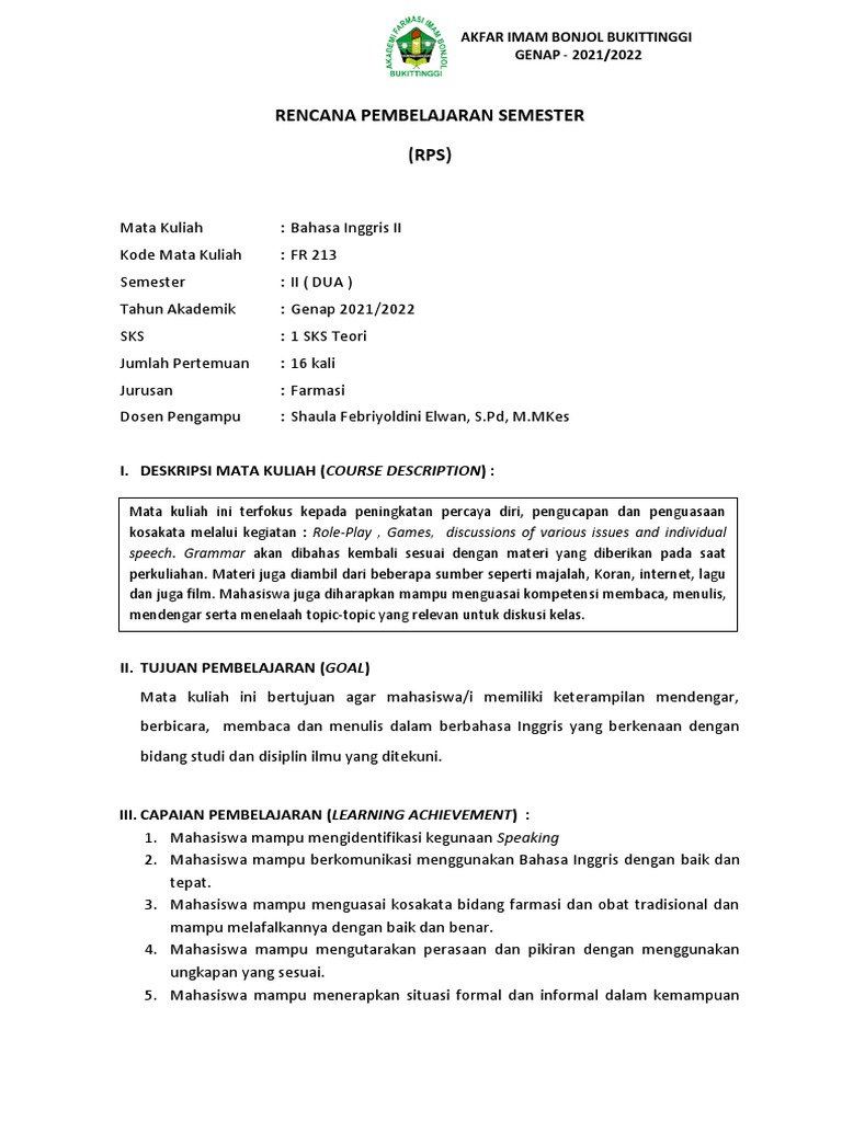 RPS Bahasa Inggris II AKFAR 2021/2022 | PDF