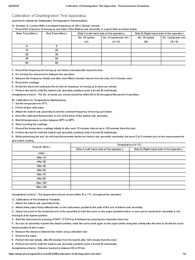 Calibration of Disintegration Test Apparatus Pharmaceutical