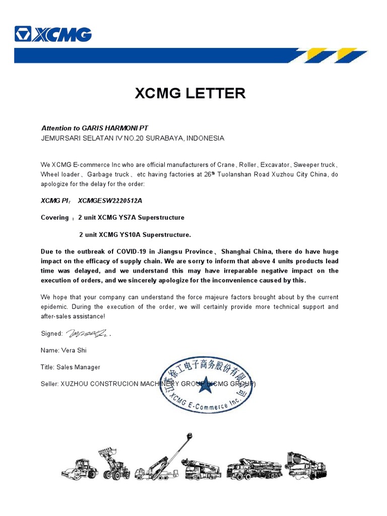 XCMG Order Delay Apology Letter | PDF | Home & Garden