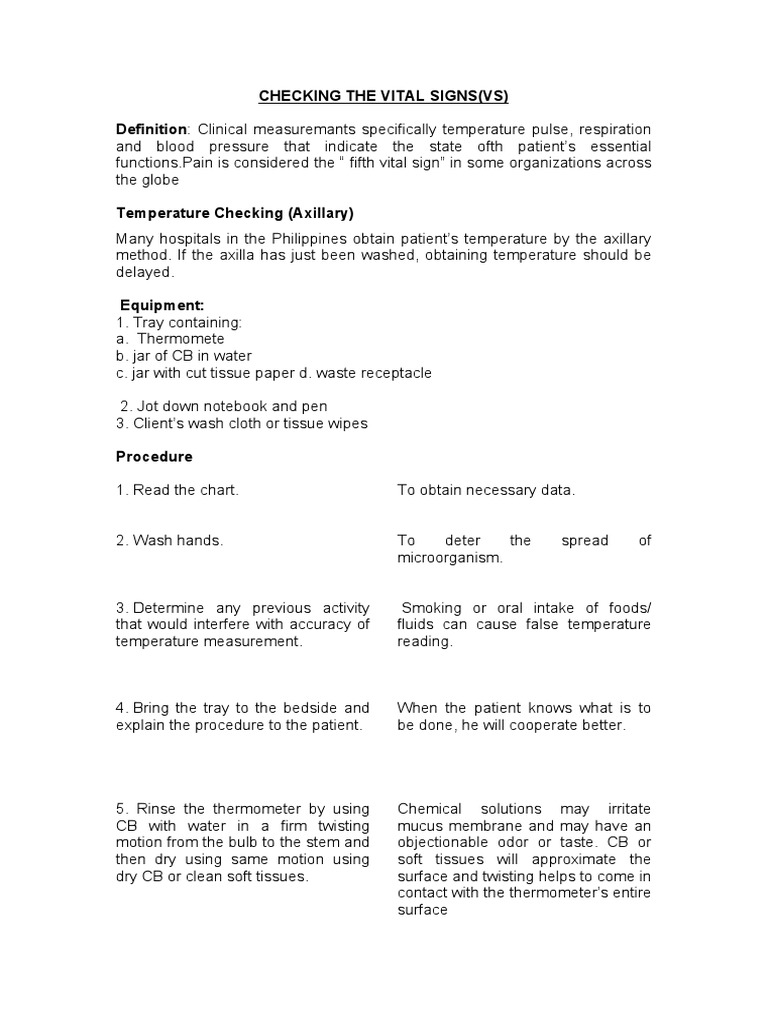 Vital Signs Checking Procedure Guide | PDF | Pulse | Breathing
