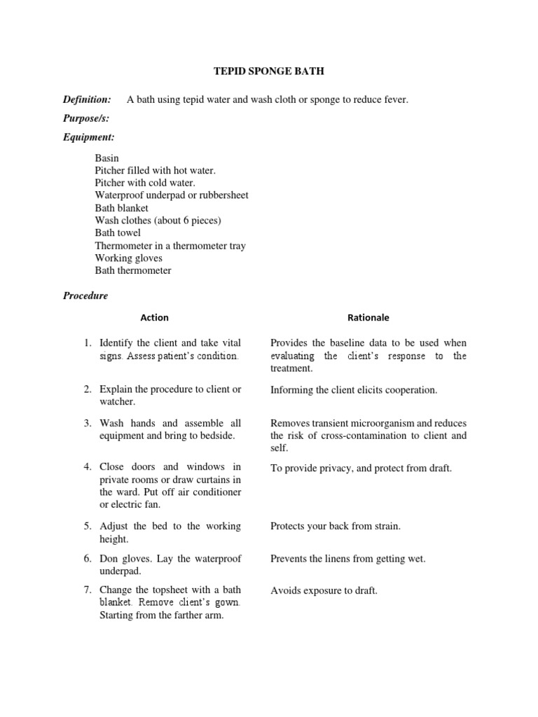 Tepid Sponge Bath PDF Hypothermia Medical Specialties