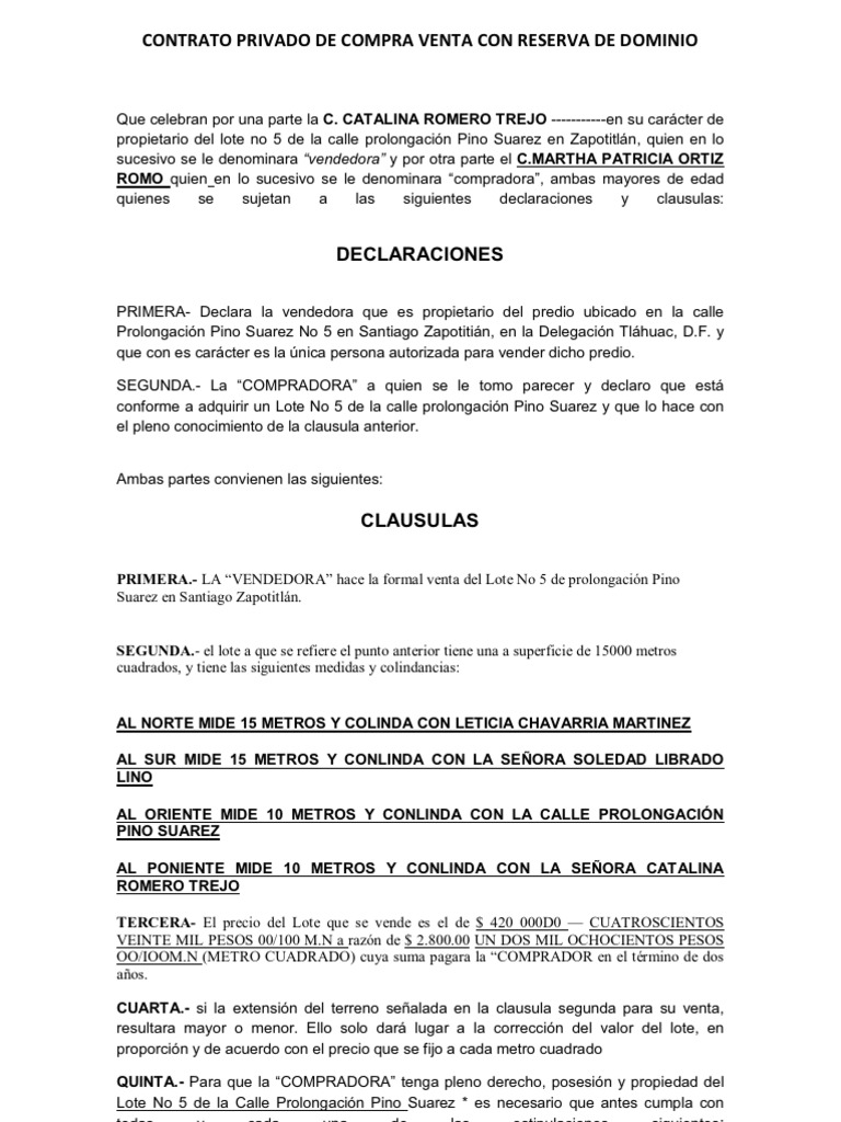 Contrato Privado de Compra Venta Con Reserva de Dominio