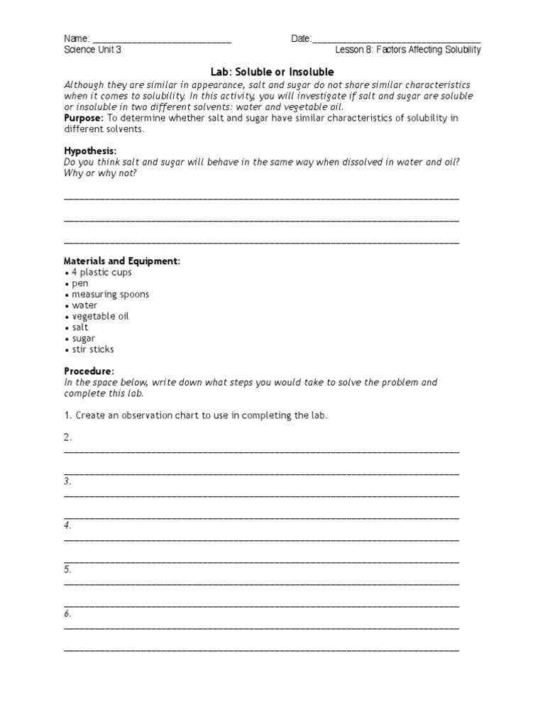Soluble or Insoluble Lab PDF Solubility Chemical Substances