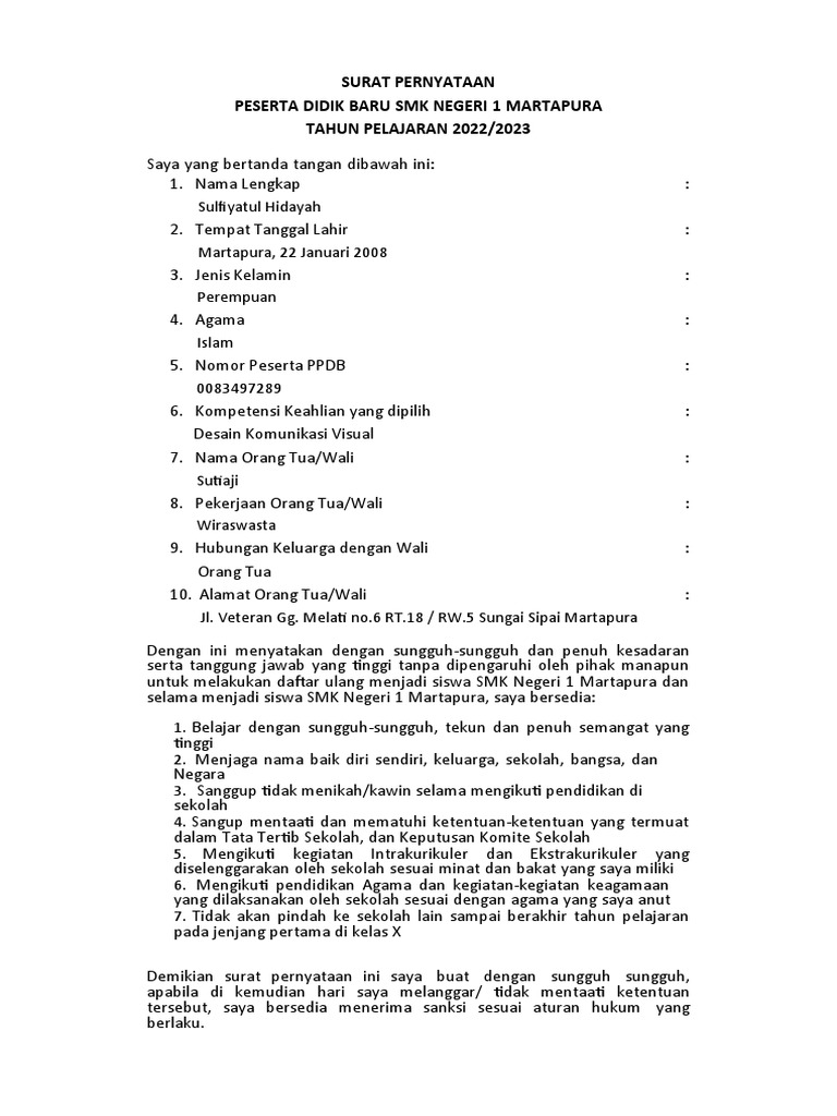 Surat Pernyataan Siswa Baru 2 | PDF