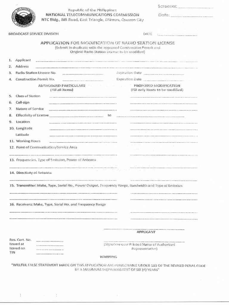 Application for Modification of Radio Station License PDF