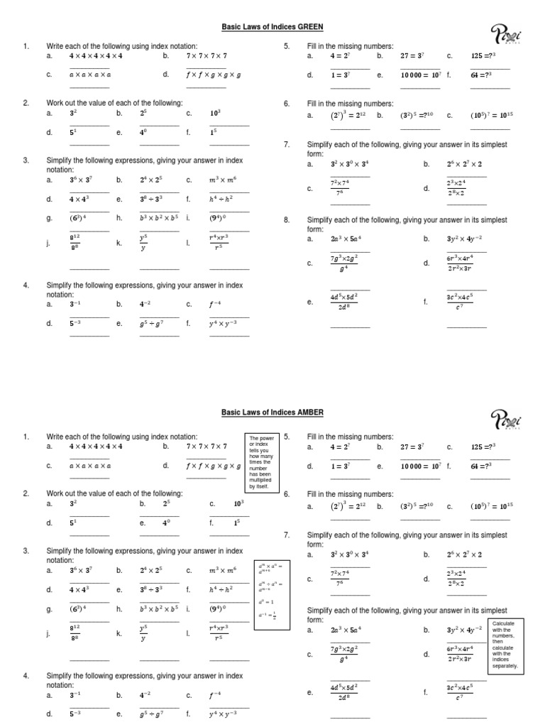 Basic Laws of Indices RAG PDF Mathematics
