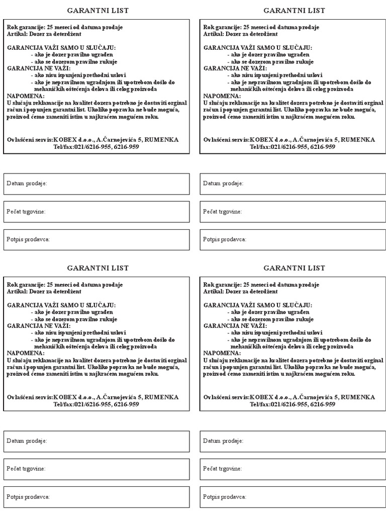 Garancija Za Dozer 1STRANA | PDF