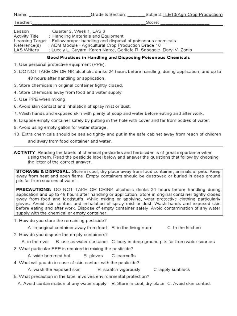 Tle Acp10Q2W1Las 3 PDF Personal Protective Equipment Pesticide