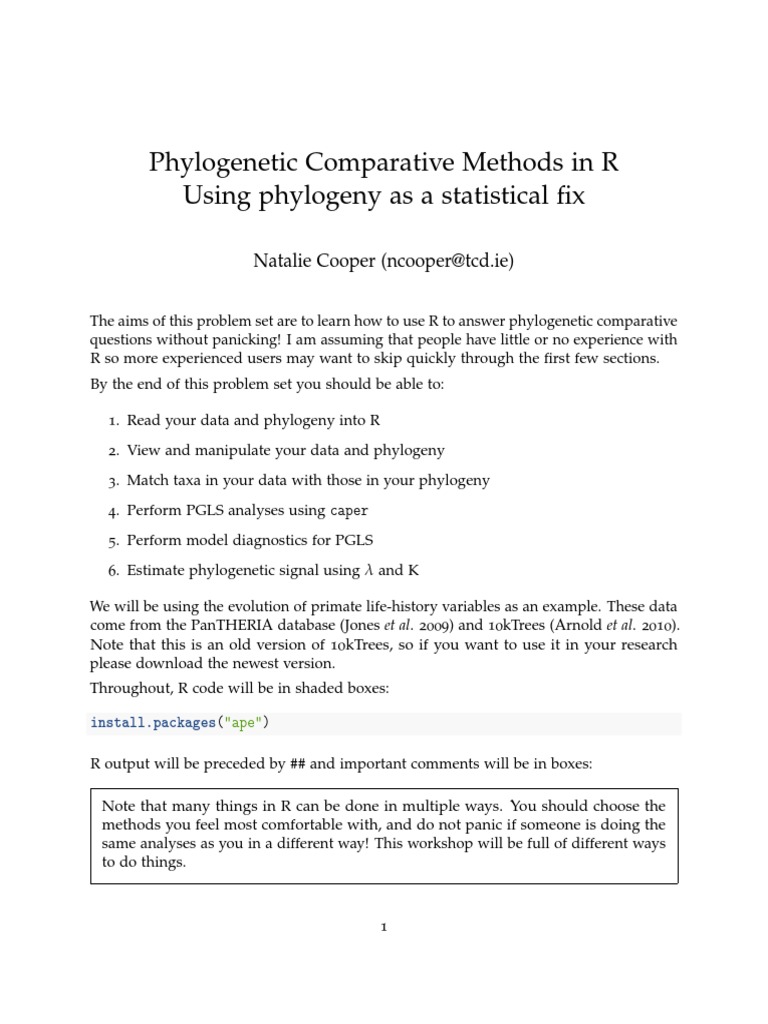 Phylogenetic Comparative Methods in R Using Phylogeny As A Statistical ...