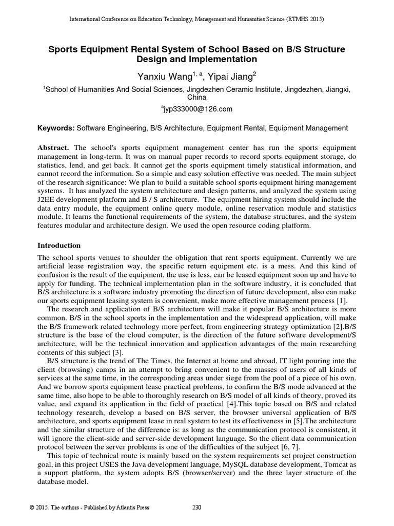 Sports Equipment Rental System of School Based On B/S Structure Design and Implementation PDF