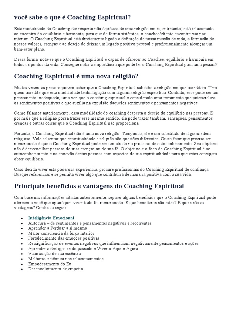 Você Sabe O Que é Coaching Espiritual Pdf Pensamento Sentimento