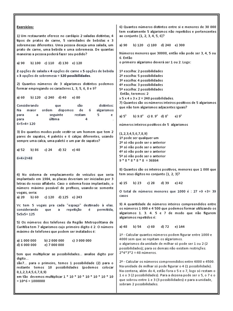 Lista de Exercícios Analise Combinatoria Com Teoria Resolvido | PDF ...