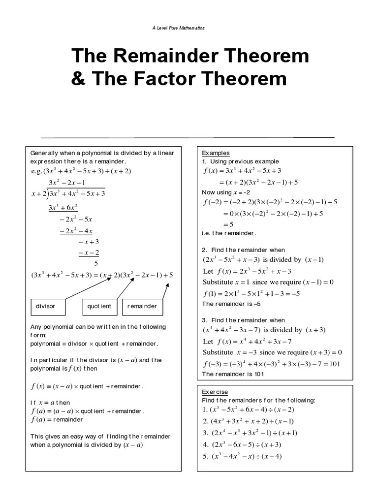 Factor & Remainder Theorems PDF Factorization Mathematics