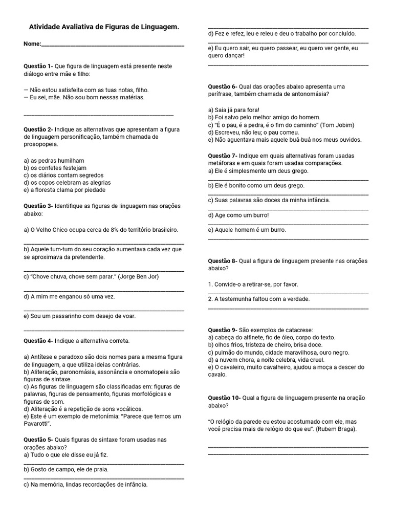 Exercícios de Figuras de Linguagem 1 | PDF