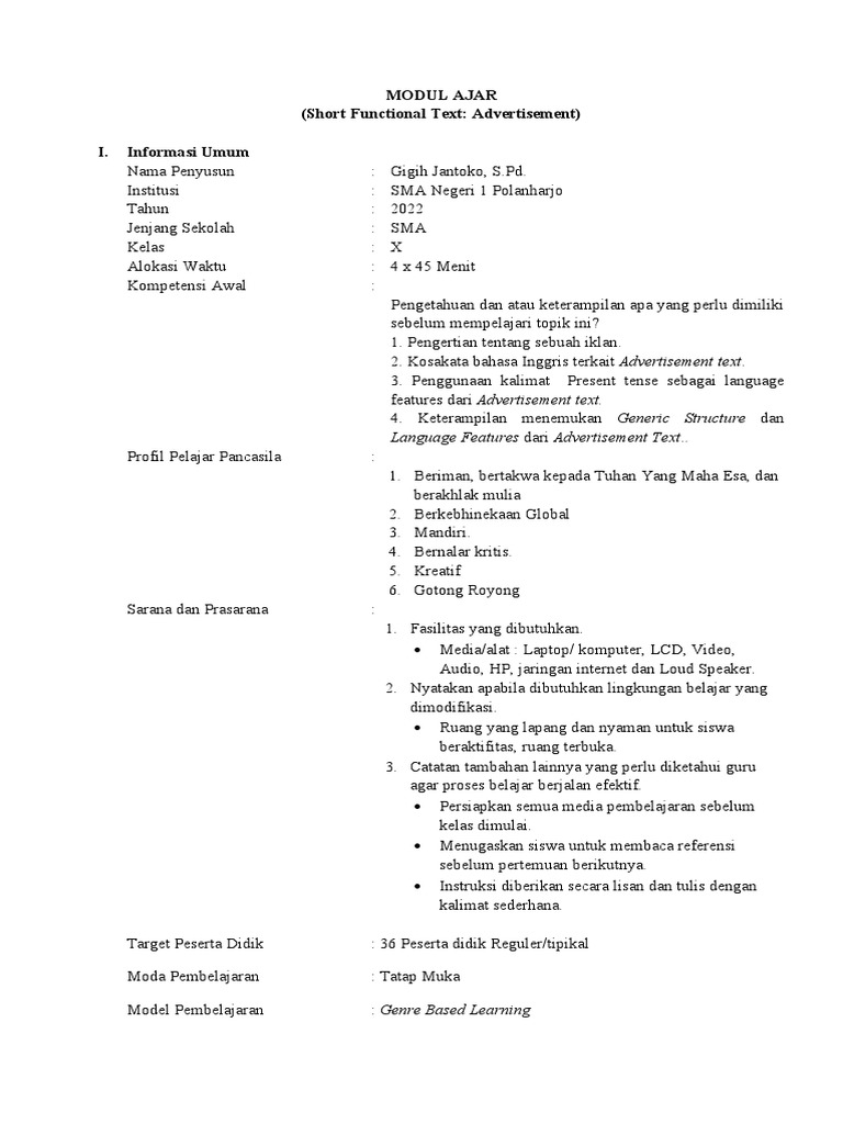 Modul Ajar - Bahasa Inggris (Advertisement) | PDF