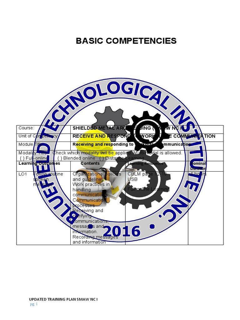Updated Training Plan Smaw NC I PDF Educational Technology