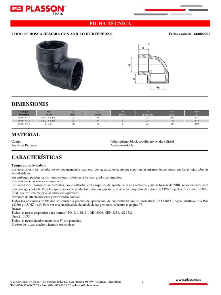 Codo 90 Rosca Hembra Con Anillo de Refuerzo | PDF | Materiales | Química