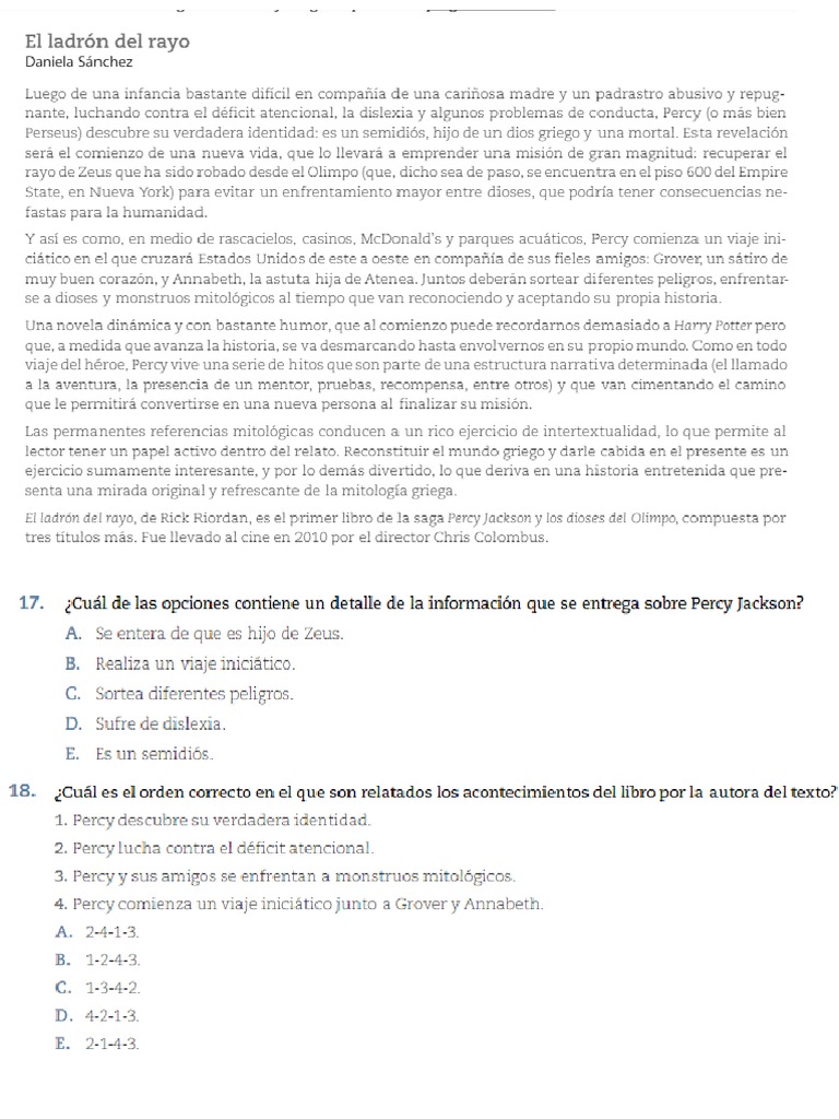 Prueba Libro Percy y El Rayo | PDF