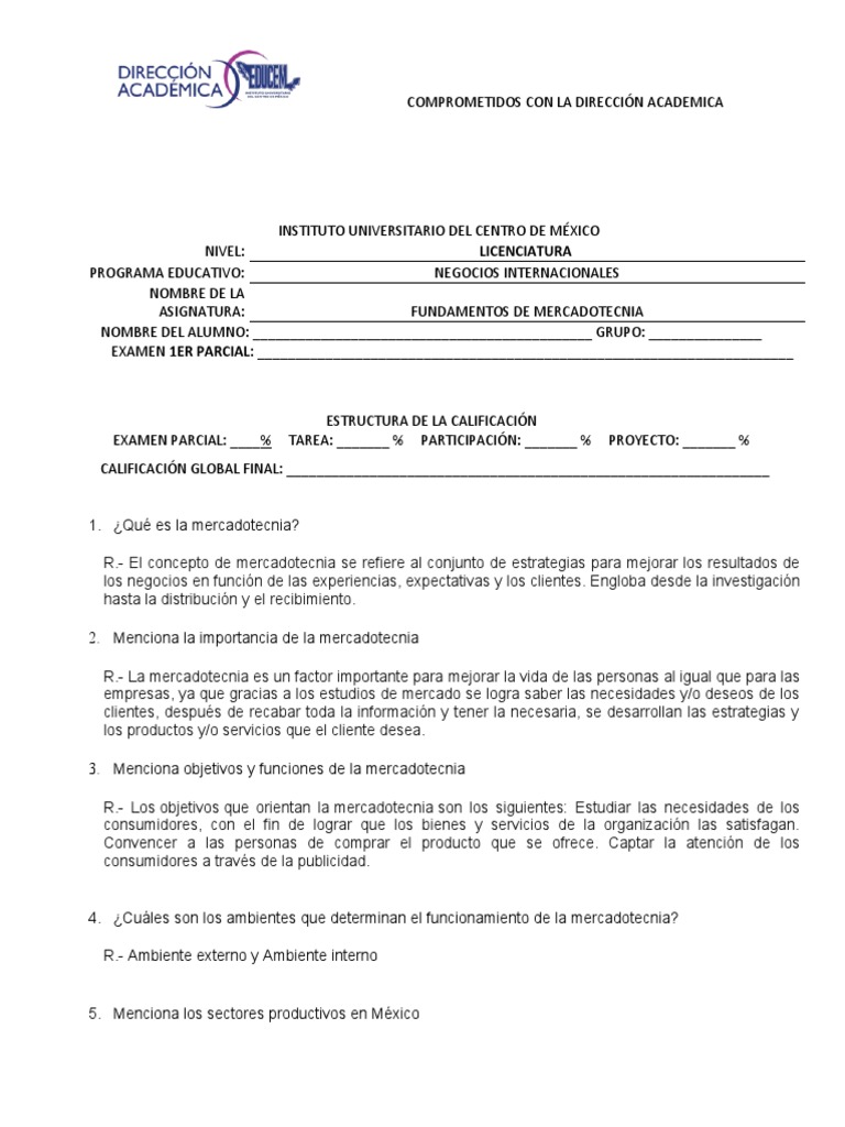 Examen 1 Parcial Fundamentos De Mercadotecnia Pdf