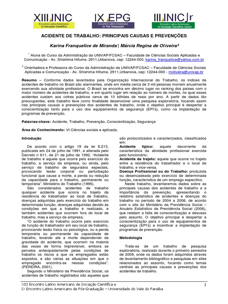 Acidente De Trabalho Principais Causas E Prevenções 03022 E 2 Pdf