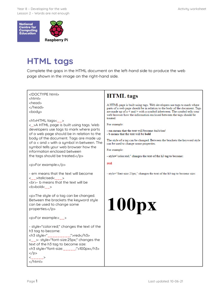 A0 Worksheet - HTML Tags Recap | PDF