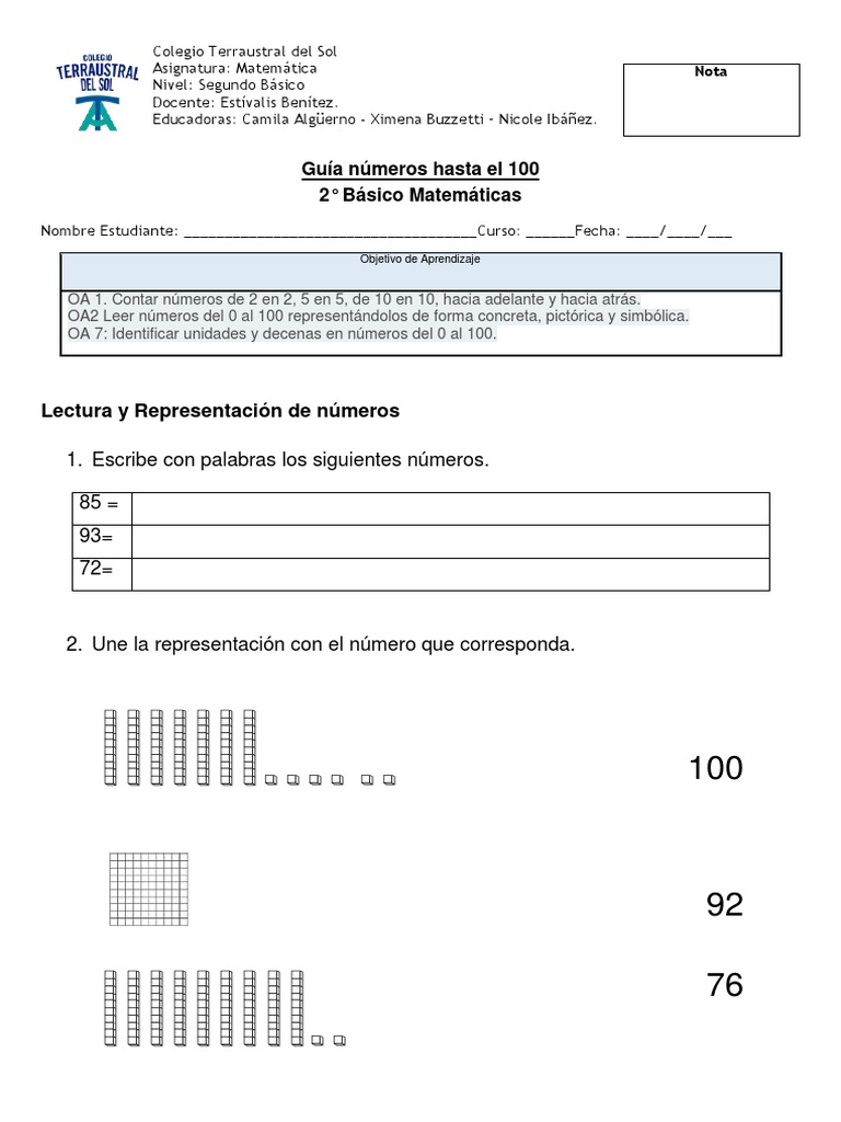 Guía de Números hasta el 100 para 2° Básico | PDF