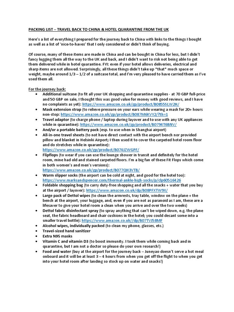 UK to China Quarantine Packing Guide | PDF | Cooking, Food & Wine