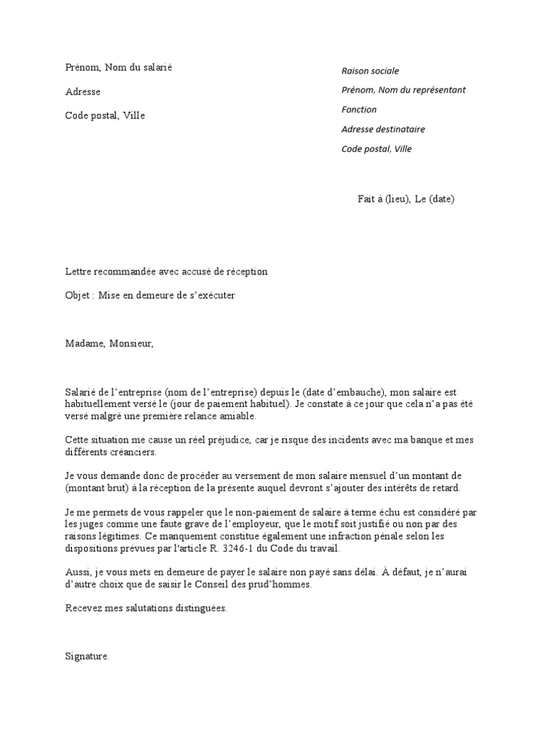 Modele de Lettre de Mise en Demeure Pour Non Paiement de Salaire  PDF