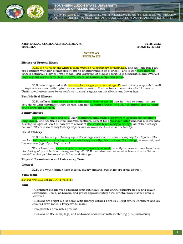 Nursing Student Psoriasis Case Study | PDF | Psoriasis | Nausea