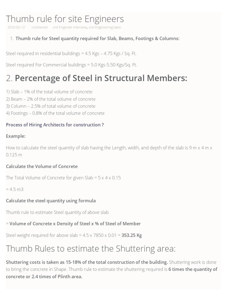 Thumb Rule for Steel in Construction | PDF | Concrete | Volume
