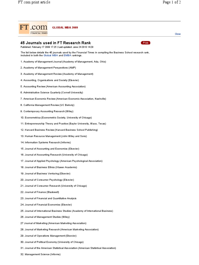 45 Journals Used in FT Research Rank | PDF | Academic Journal | Elsevier