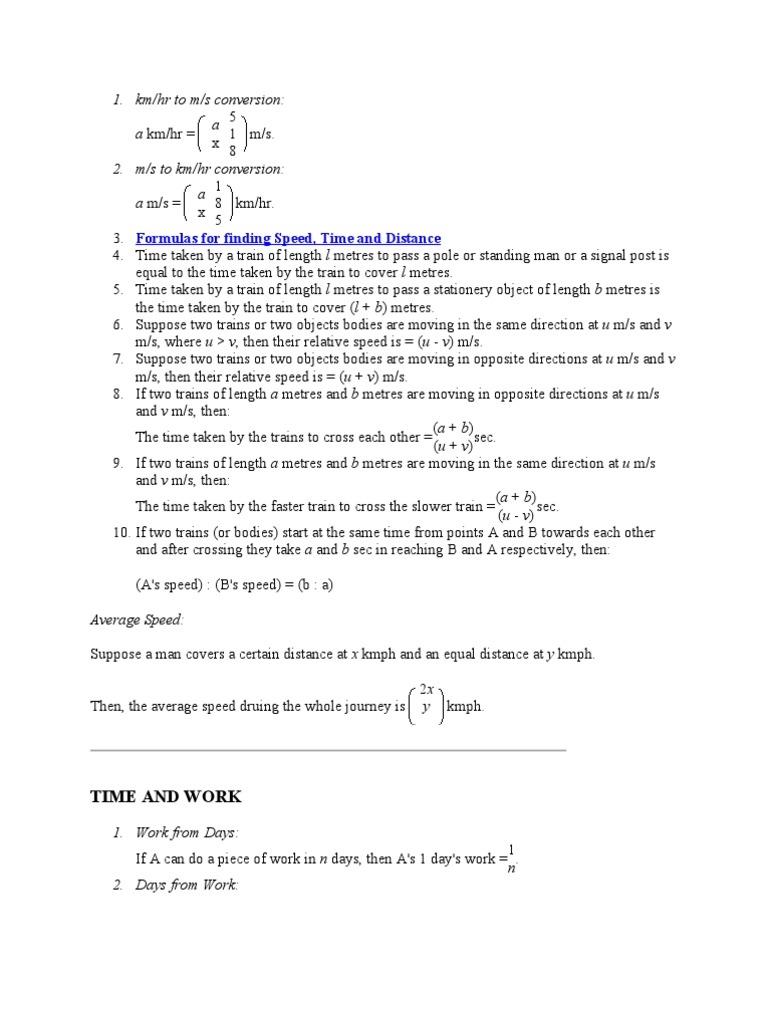 Speed, Time, Work, Profit Formulas | PDF