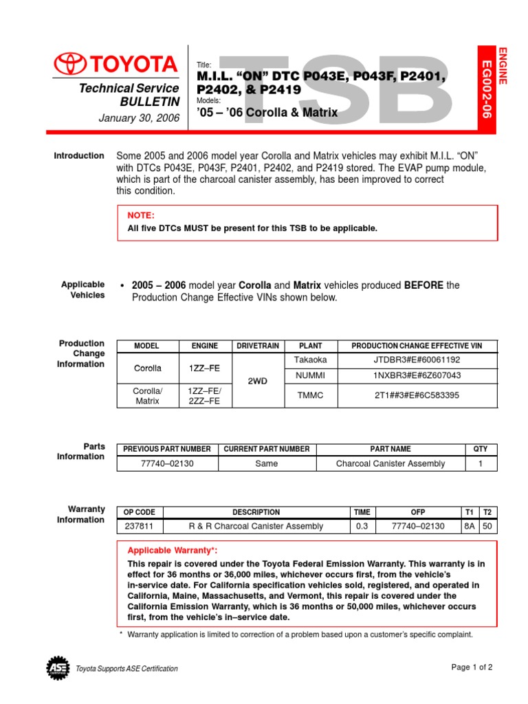 Toyota TSB for DTCs P043E, P043F, P2401 | PDF | Motor Vehicle ...