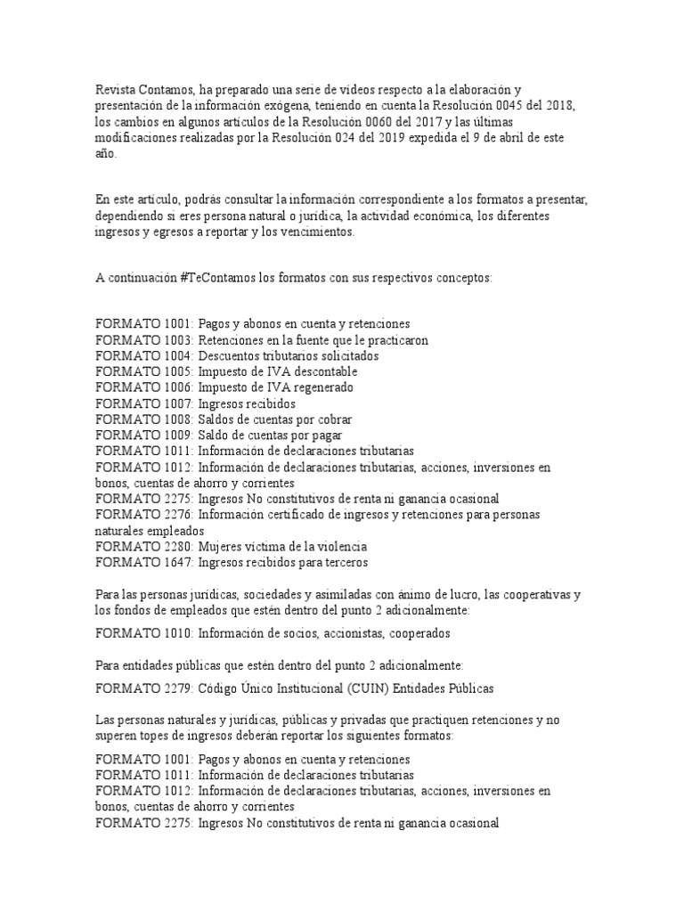 Formatos de Información Exógena 2024 | PDF | Impuestos | Economias