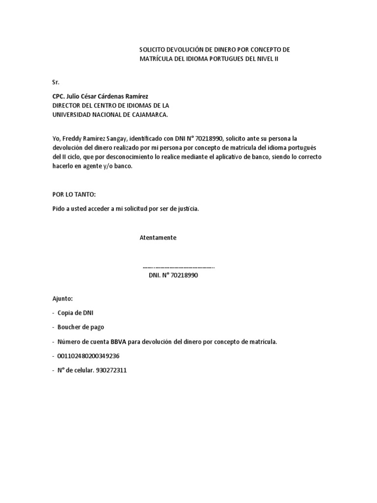 Solicitud Devolución de Dinero | PDF