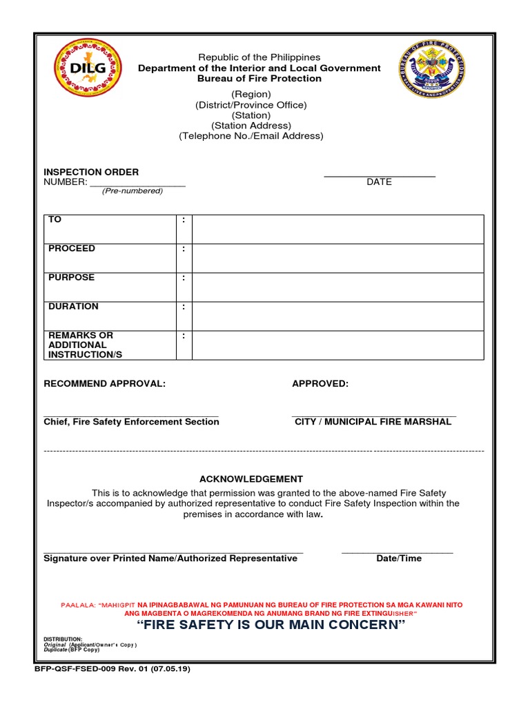 FSED 009 Inspection Order IO Rev01 070519 | PDF | Fire Safety ...
