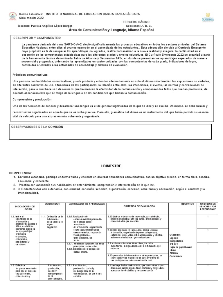 Planificacion Tercero Basico A, B, C Primer Bimestre | PDF | Plan de ...