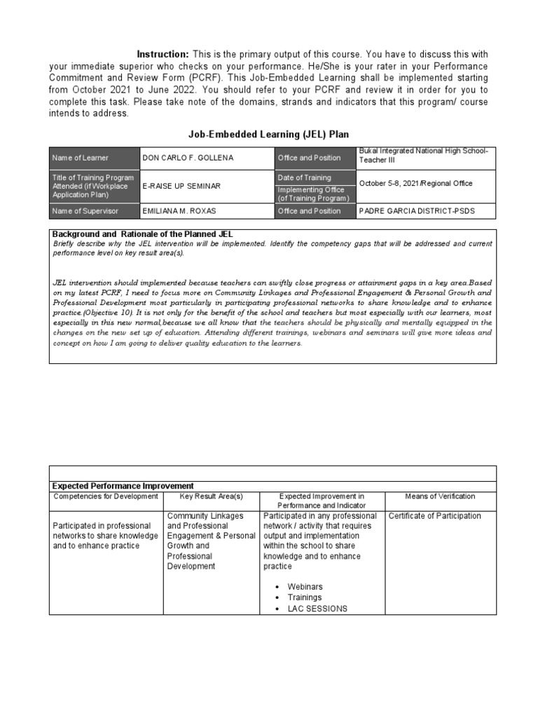 Job-Embedded Learning Plan Overview | PDF | Learning | Online And Offline